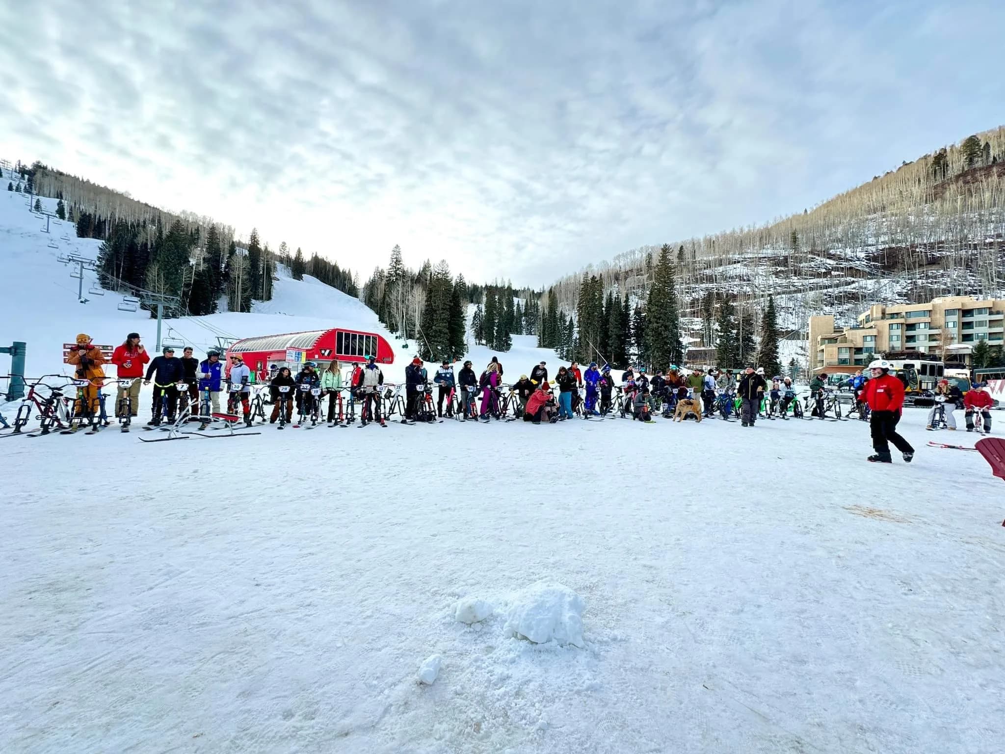 Night race lights illuminating a ski-bike jump line.